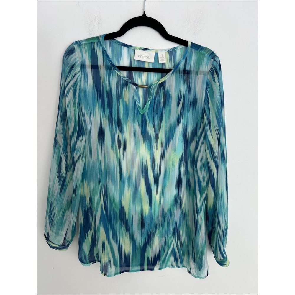 Chico's Sz 1 Long‎ Sleeve Sheer Multicolor Blue Yellow, Green Lightweight Blouse